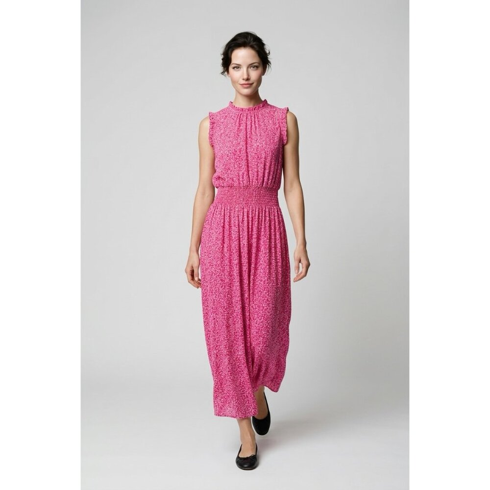 NEW H By Halston Garden Scroll Smocked Waist Tie Back Maxi Dress Bright Rose XS